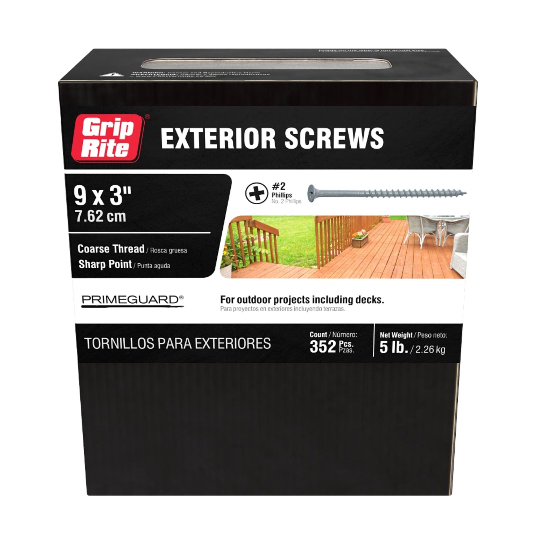 The Grip-Rite PTN3S5 box includes 352 pieces of #9 x 3 in. Phillips bugle head coarse thread exterior screws with a PrimeGuard coating, perfect for decks and outdoor projects. Net weight: 5 lbs. Image of a deck with a screwdriver shown on the package.